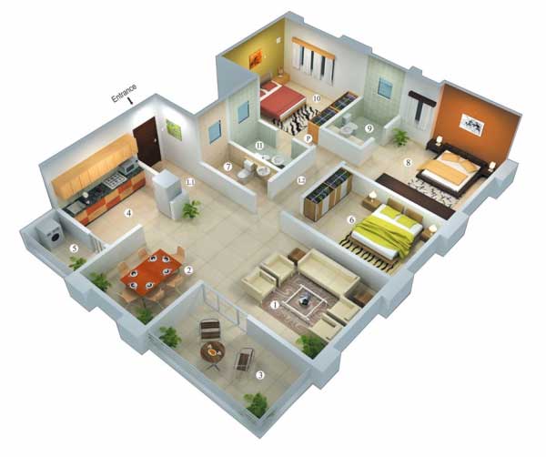 25款三居室户型装饰效果图模型7